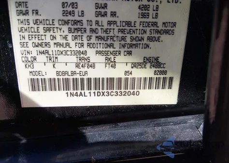 2003 Nissan Altima 2.5 S z USA, uszkodzony, nr VIN 1N4AL11DX3C332040